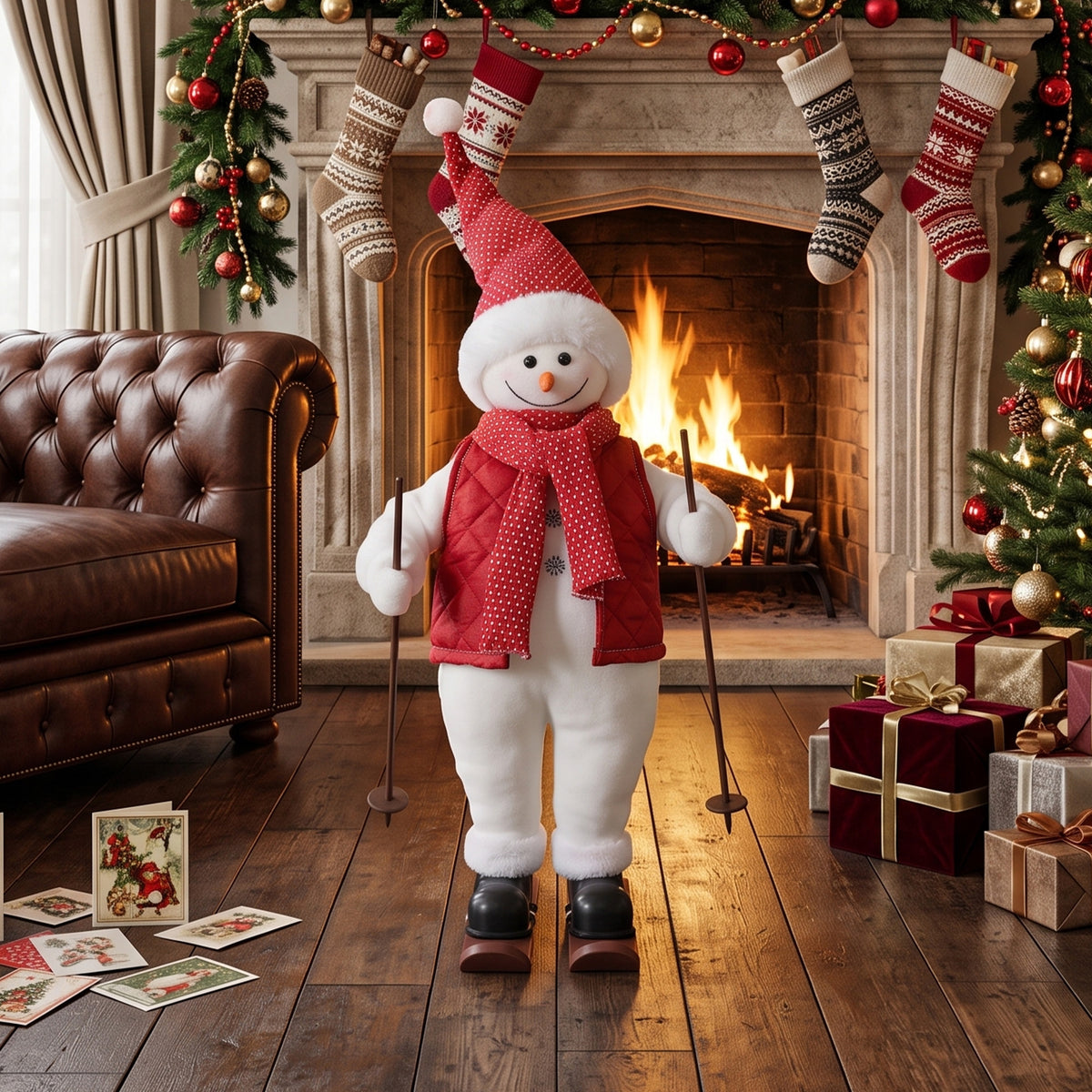 2ft Singing Skiing Santa Claus, Standing Christmas Animated Santa Figure with Ski Board, Poles, Sound/Touch Activated
