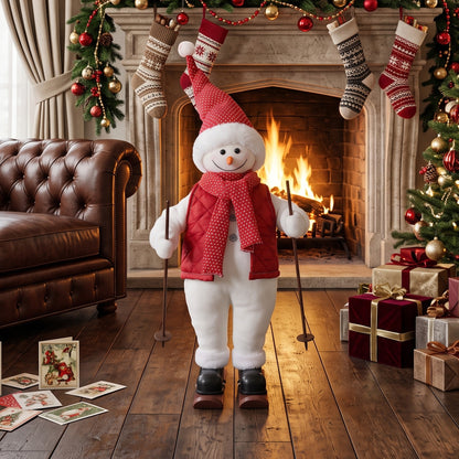 2ft Singing Skiing Santa Claus, Standing Christmas Animated Santa Figure with Ski Board, Poles, Sound/Touch Activated