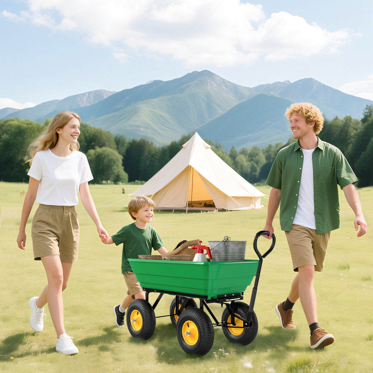 75 Litre Large Garden Cart, Tipping Wheelbarrows Heavy Duty Garden Dump Trolley 200kg Capacity for Festivals, Tools, Plants, Logs - Green