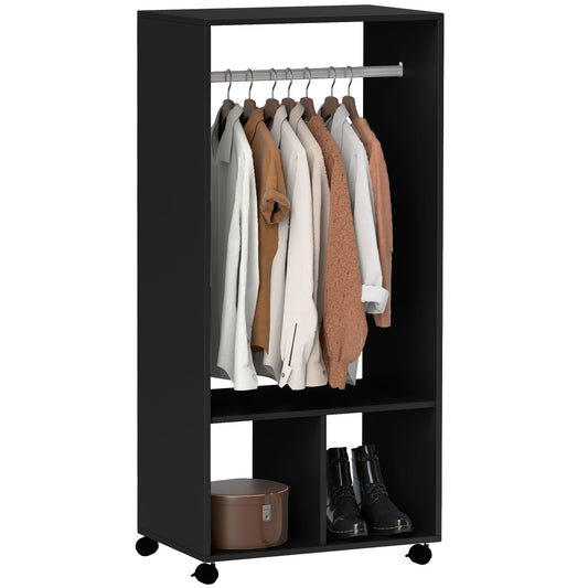 Open Wardrobe on Wheels, Bedroom Wardrobe with Clothes Hanging Rail, 2 Storage Shelves, Mobile Garment Rack for Cloakroom, Hallway, Black