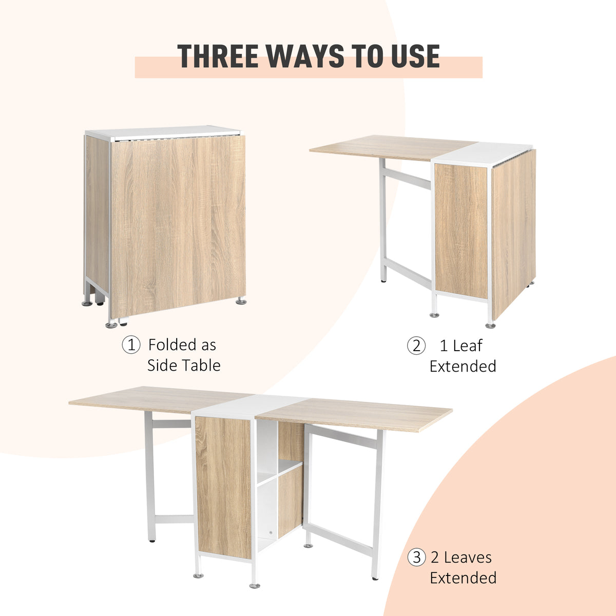 Foldable Drop Leaf Dining Table Folding Workstation for Small Space with Storage Shelves Cubes Oak & White