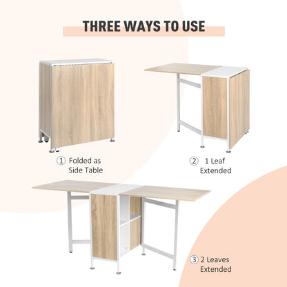 Foldable Drop Leaf Dining Table Folding Workstation for Small Space with Storage Shelves Cubes Oak & White