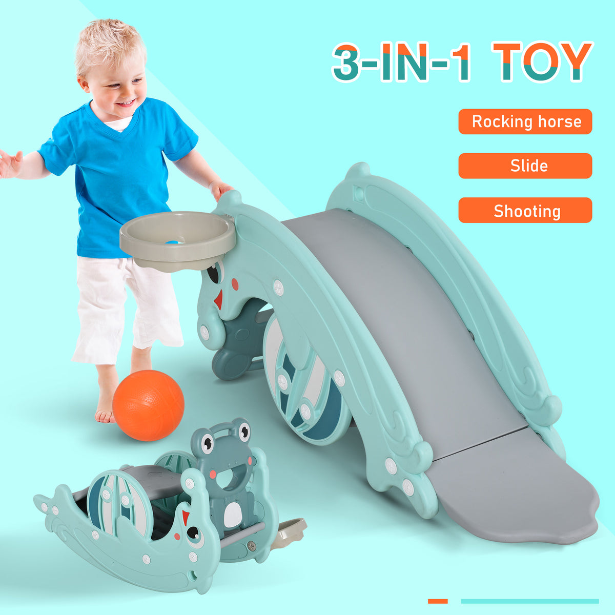3-in-1 Baby Rocking Horse Portable Slide Basketball Hoop Equipment Indoor Outdoor Playground Toy, Age 18-36 Months, Green