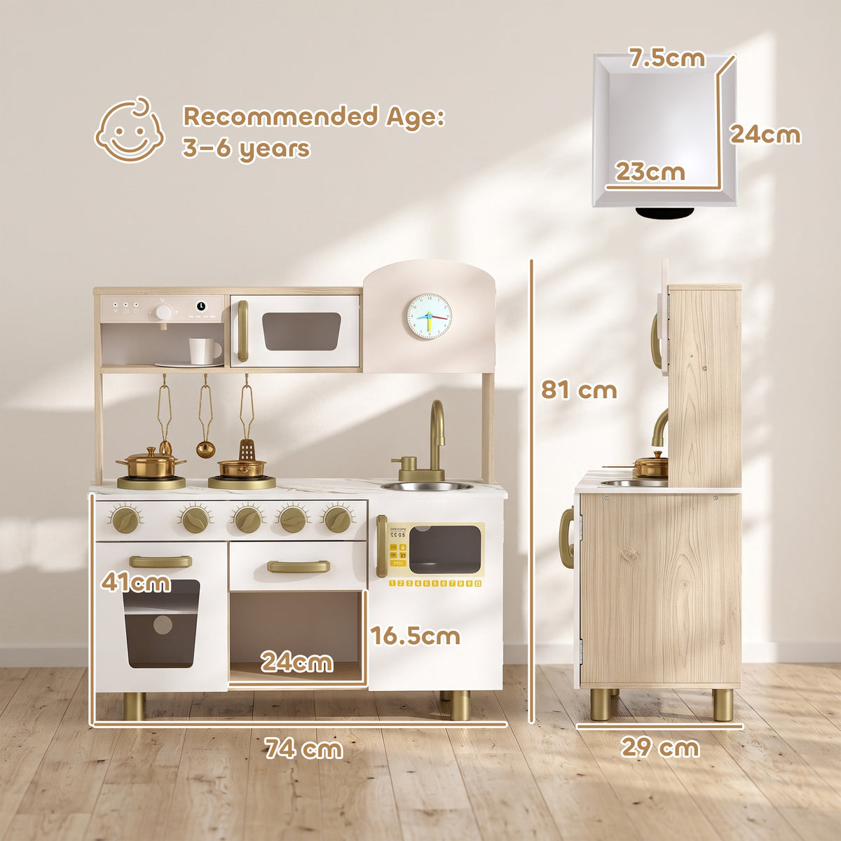 Play Kitchen, Kids Kitchen Playset with Rotating Coffee Machine, Storage Shelf, Stove, Gift for Kids 3-6 Years, White