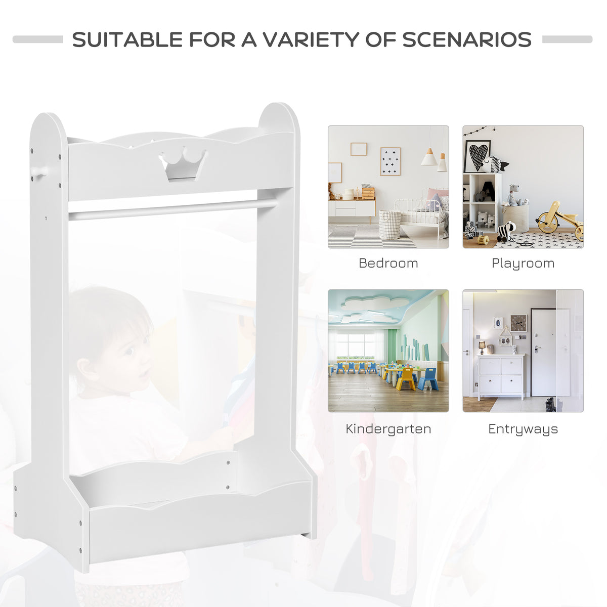 Kids Clothes Rail Wooden Hanging Rack with Storage Shelves Children Garment Freestanding Wardrobe for 3-8 Years Toddler, White