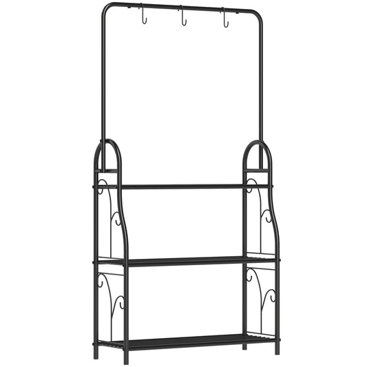 3 Tier Plant Stand with Hanging Rod and Hooks, Metal Plant Rack Shelf, Ladder Flower Pot for Indoor Outdoor Porch Balcony Living Room Bedroom, Black