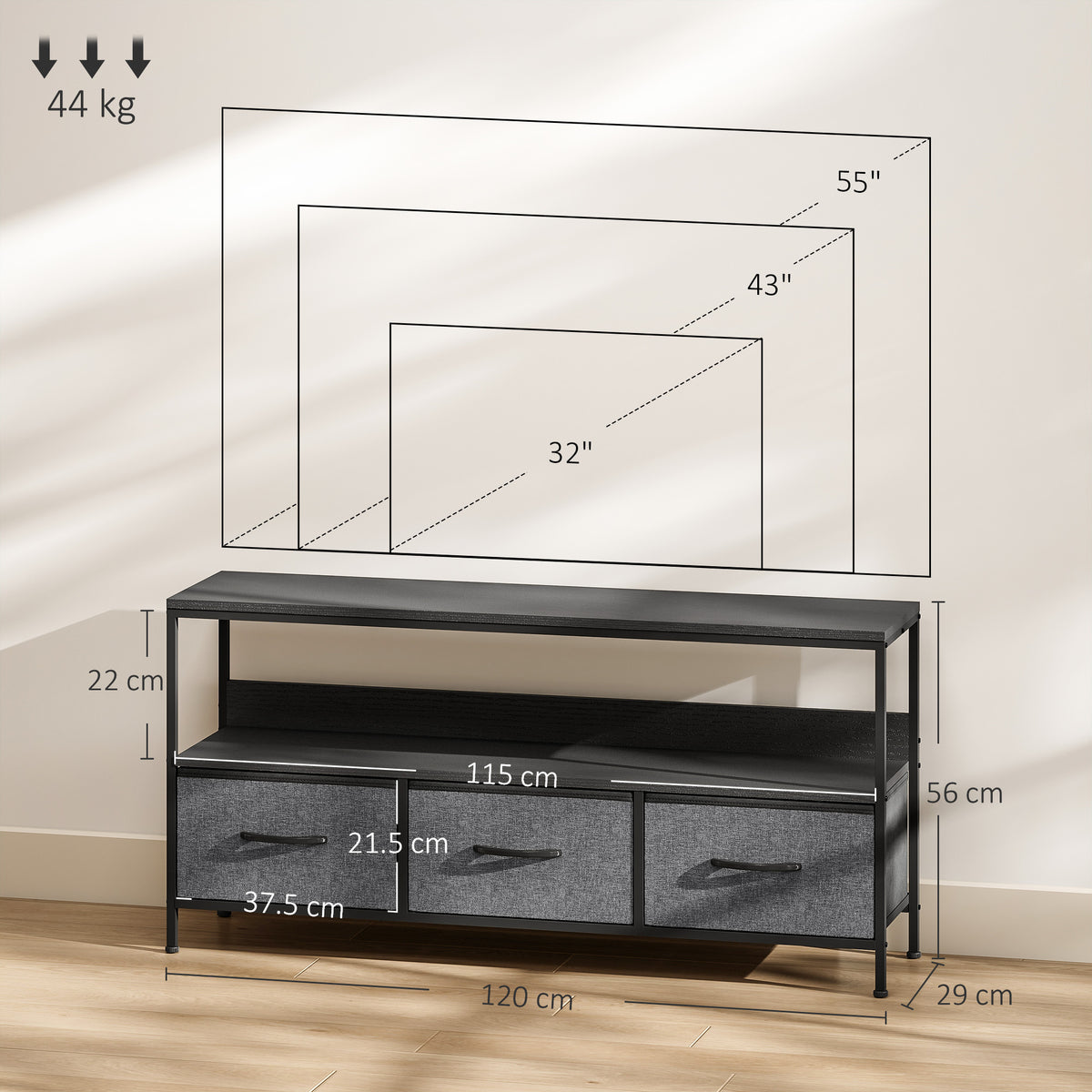 TV Stand Cabinet with 3 Foldable Drawers - Black