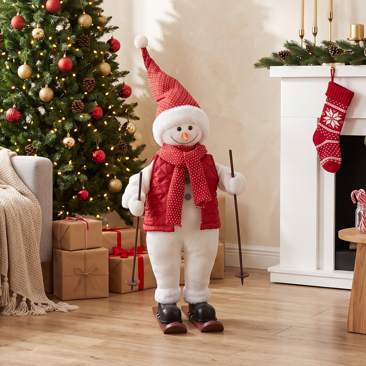 2ft Singing Skiing Santa Claus, Standing Christmas Animated Santa Figure with Ski Board, Poles, Sound/Touch Activated