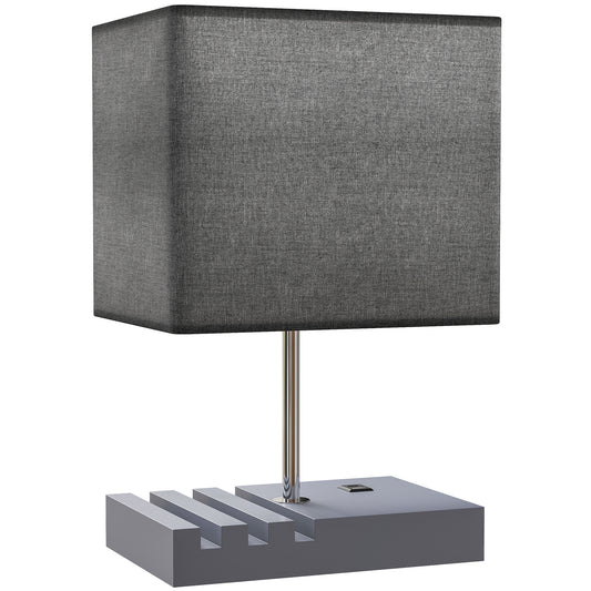 Bedside Lamp with USB A+C Charging Ports and 3 Phone Stands, Modern Table Lamp with Solid Wood Base and Fabric Shade for Bedroom Living Room Office, E27 Socket, Bulb Not Included