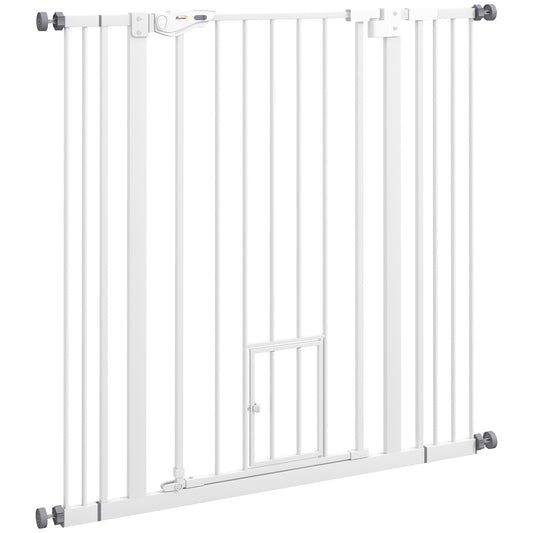 Extra Tall Pet Gate, Indoor Dog Safety Gate, with Cat Flap, Auto Close, 74-101cm Wide - White