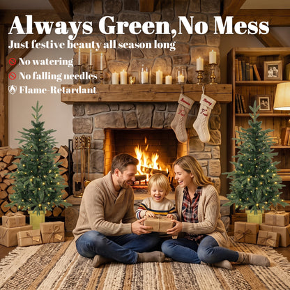 Set of 2 Prelit Christmas Trees with Dual-Colour LEDs, Remote, 4ft Artificial Aspen Fir Battery-Operated, 11 Modes, Pot