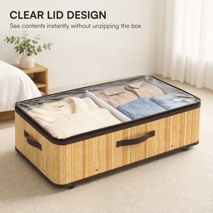 60L Under Bed Storage with Wheels Pack of 2, Underbed Storage Box with Clear Lid Cover and Reinforced Handle, Natural