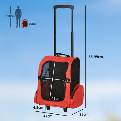 2 in 1 Dog Backpack and Trolley, Pet Travel Backpack Cat Dog Carrier with Telescopic Handle, Portable Pet Stroller Wheel Luggage Bag (Red)