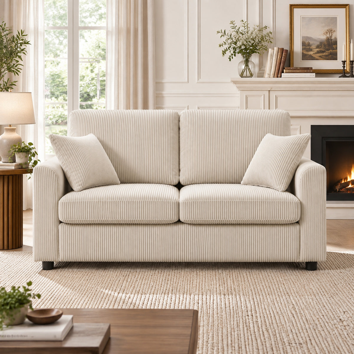 2 Seater Sofa, Corduroy Small Couch with Spring Cushion, Wide and Deep Seat