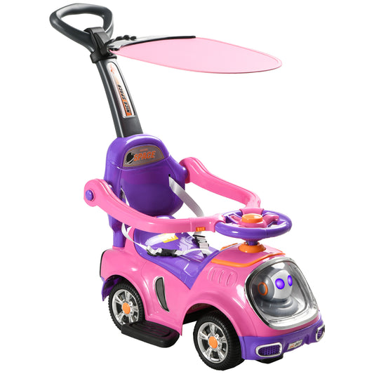 3 in 1 Ride on Push Car, Cartoon Robot Theme Foot to Floor Slider w/ Handle Light Music Horn, Storage