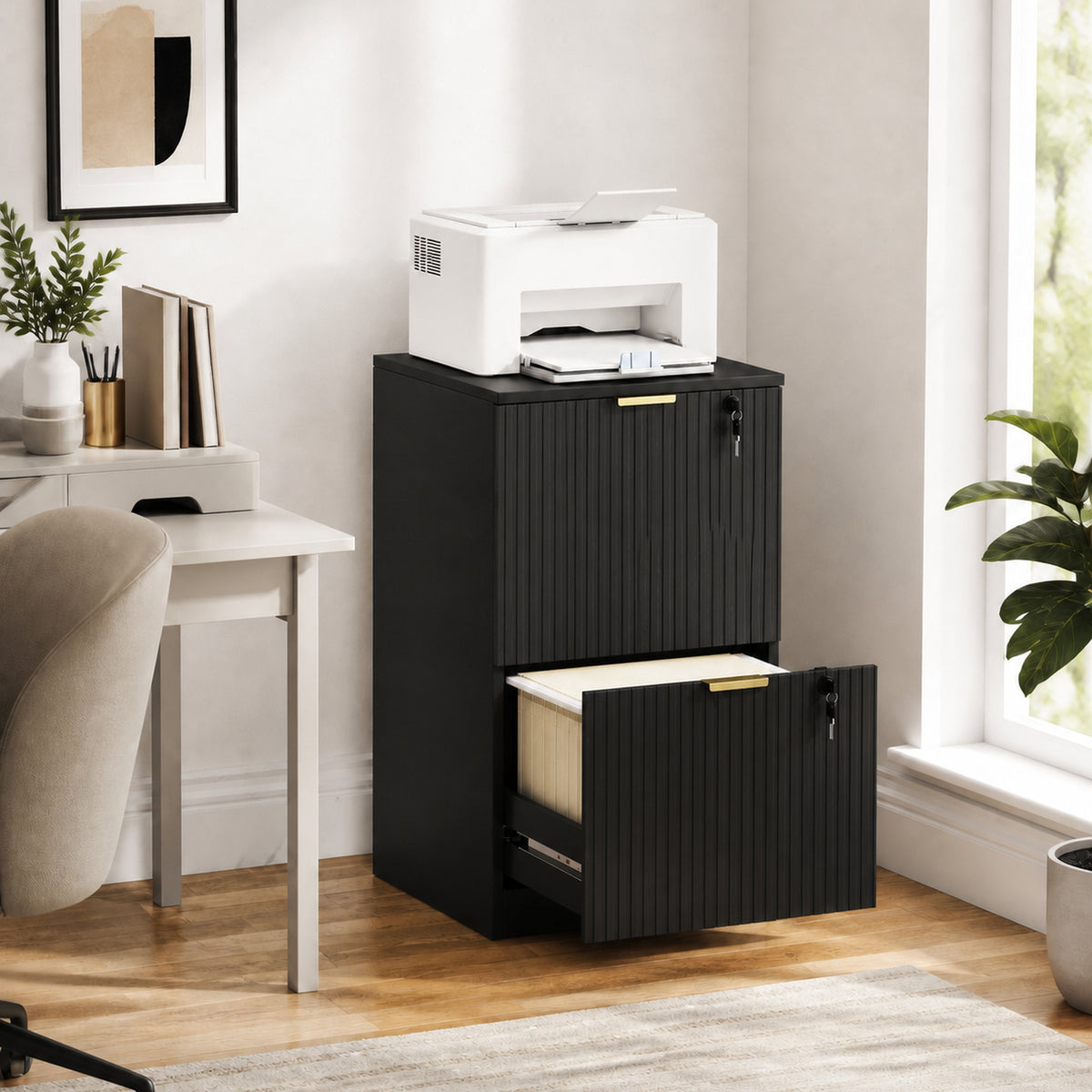 Filing Cabinet, Fluted Vertical File Cabinet with 2 Lockable Drawers and Hanging Rails, Black