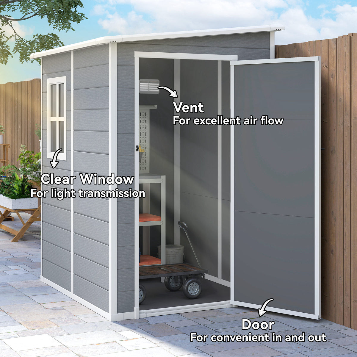 4'x5' Garden Storage Shed, Lean to Shed, Lockable Garden Shed with Window, Vent and Plastic Roof, Grey