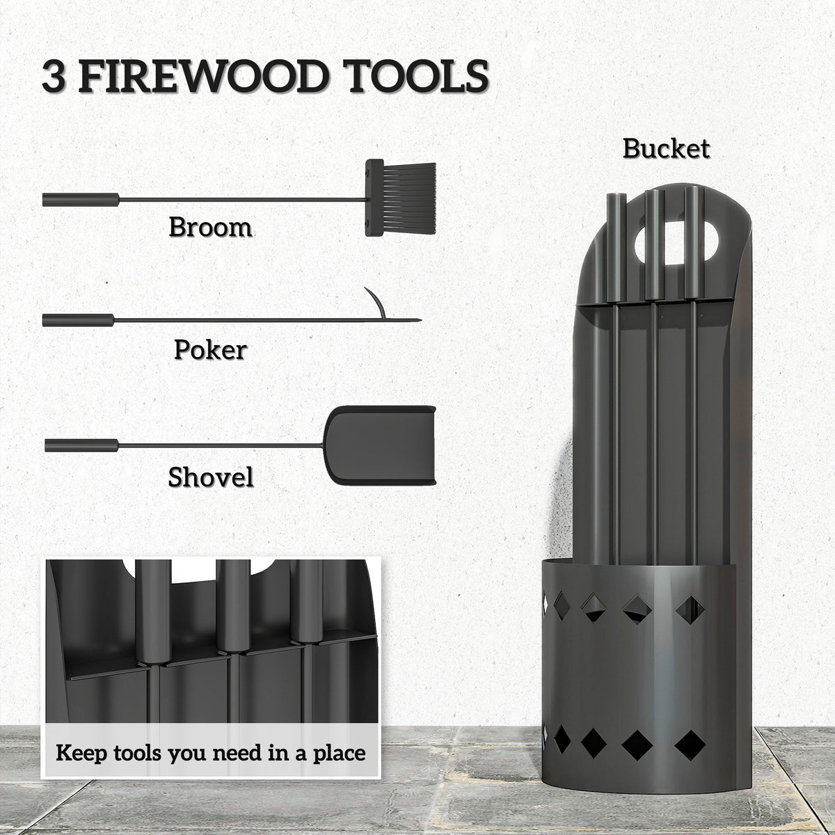 4 Pieces Fireplace Companion Set, Metal Fireplace Accessories Fireside Companion Set with Broom, Shovel, Poker, Bucket, Black