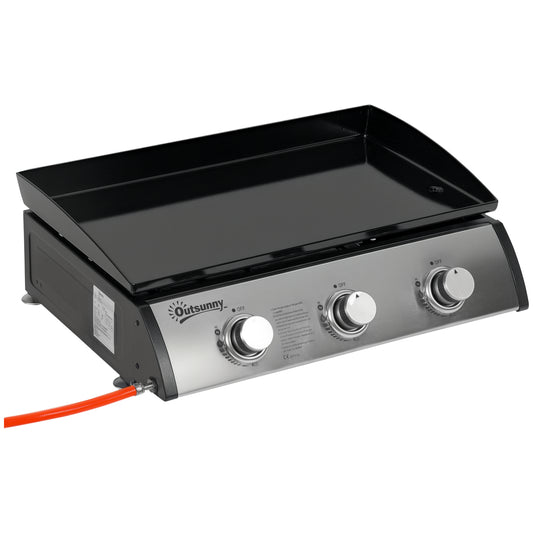 Gas Plancha Barbecue Grill with 3 Stainless Steel Burner, 7.5kW, Portable Tabletop Gas BBQ with Non-Stick Griddle for Camping Picnic Garden Party Festival