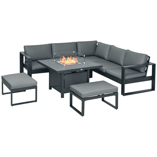 6-Piece Aluminium Garden Furniture Set with Fire Pit Table, Outdoor Dining Sofa Set with Cushions, Grey