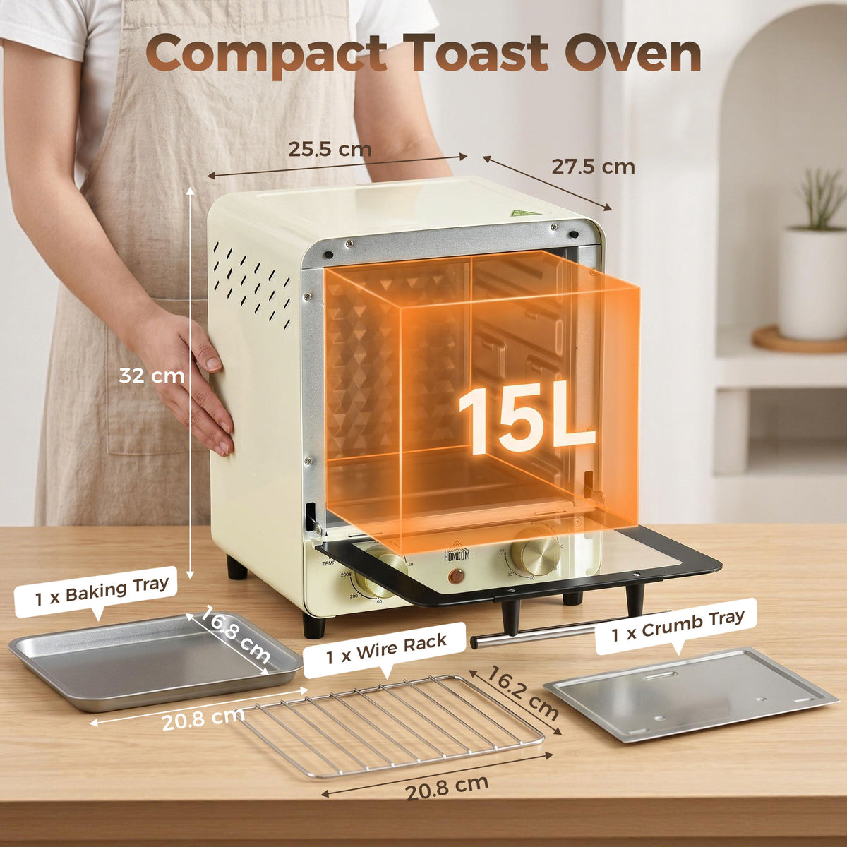 Mini Oven, 15 Litres Electric Oven and Grill with 60-230℃ Adjustable Temperature, 60 Minute Timer, Include Baking Tray, Wire Rack and Crumb Tray, 1000W, Cream White