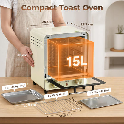 Mini Oven, 15 Litres Electric Oven and Grill with 60-230℃ Adjustable Temperature, 60 Minute Timer, Include Baking Tray, Wire Rack and Crumb Tray, 1000W, Cream White