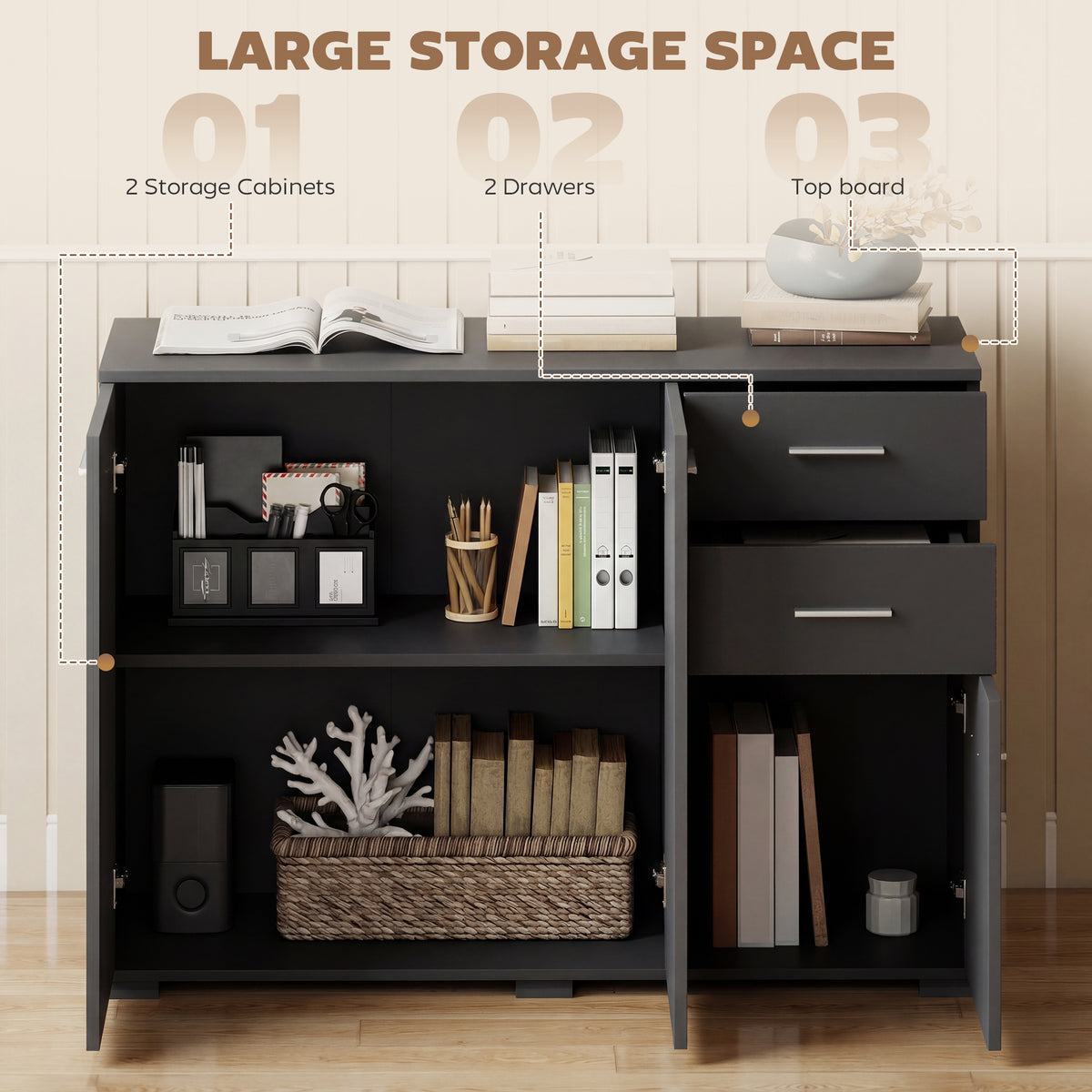 Sideboard, Modern Storage Cabinet with 2 Drawers, 3 Doors and Adjustable Shelves, Black