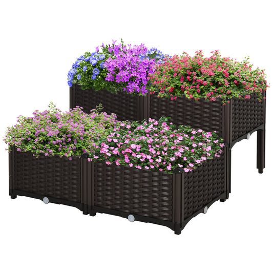 Set of 4 26L Garden Raised Bed Elevated Patio Flower Plant Planter Box PP Vegetables Planting Container, Brown