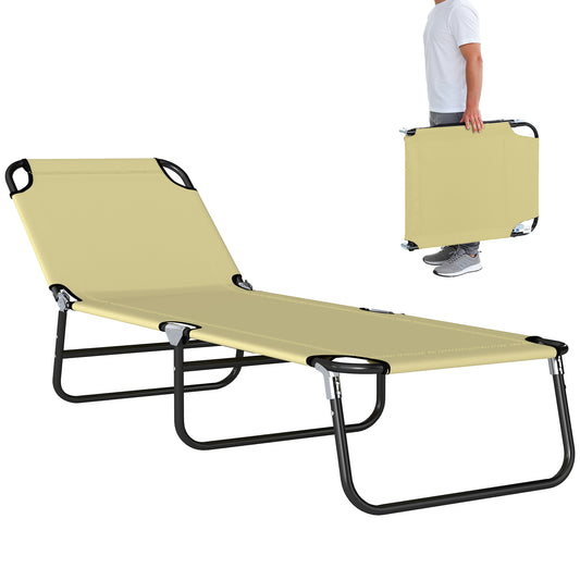 Foldable Sun Lounger with 5-Position Adjustable Backrest, Outdoor Portable Recliner Chaise Lounge Chair with Oxford Fabric for Patio, Beach, Garden, Camping, Beige
