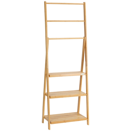Freestanding Natural Bamboo Towel Rack with 3 Towel Rails and 3 Storage Shelves, Space-Saving Foldable Towel Holder for Bathroom