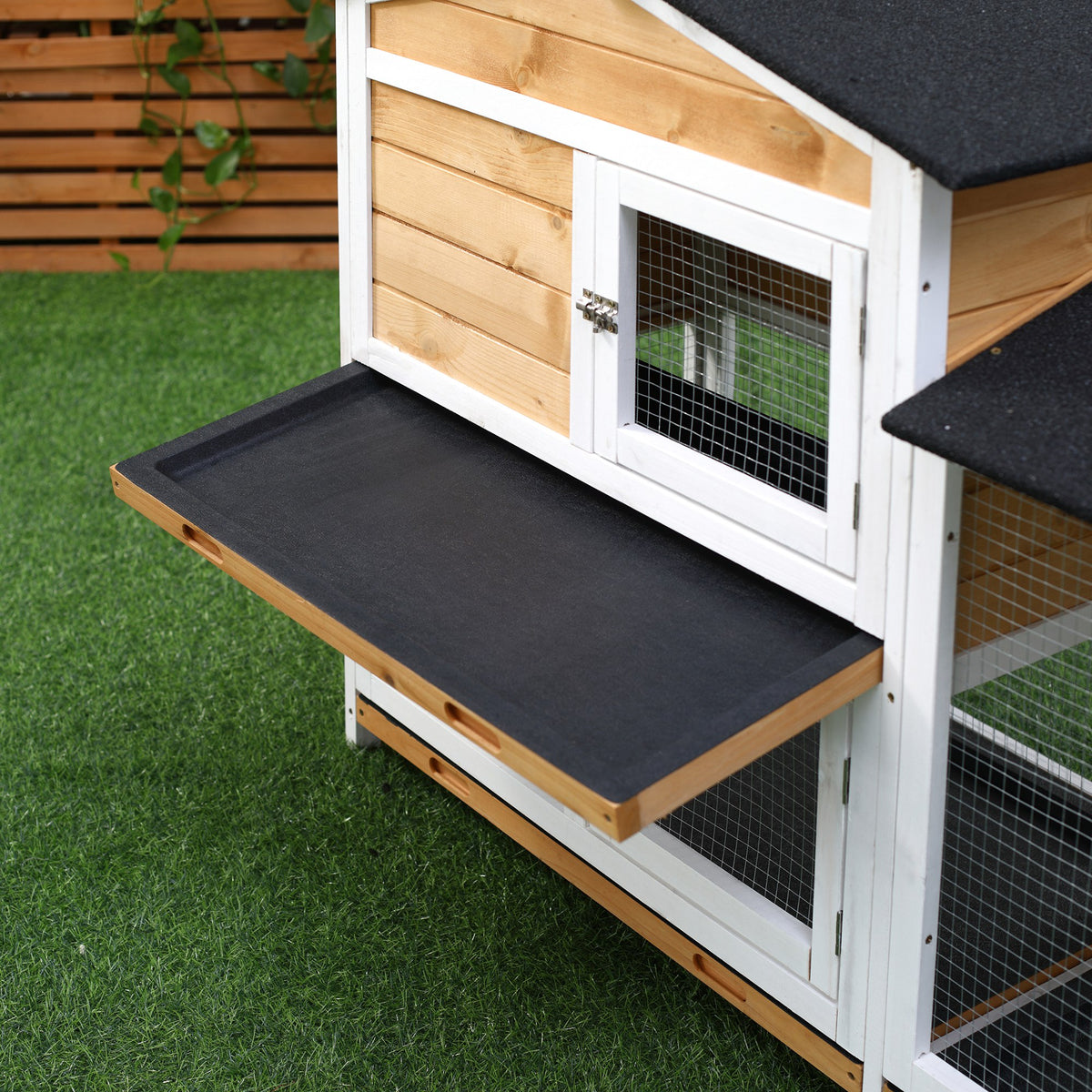 2 Tier Rabbit Hutch with No-leak Plastic Trays Wooden Guinea Pig Hutch with Run, Yellow