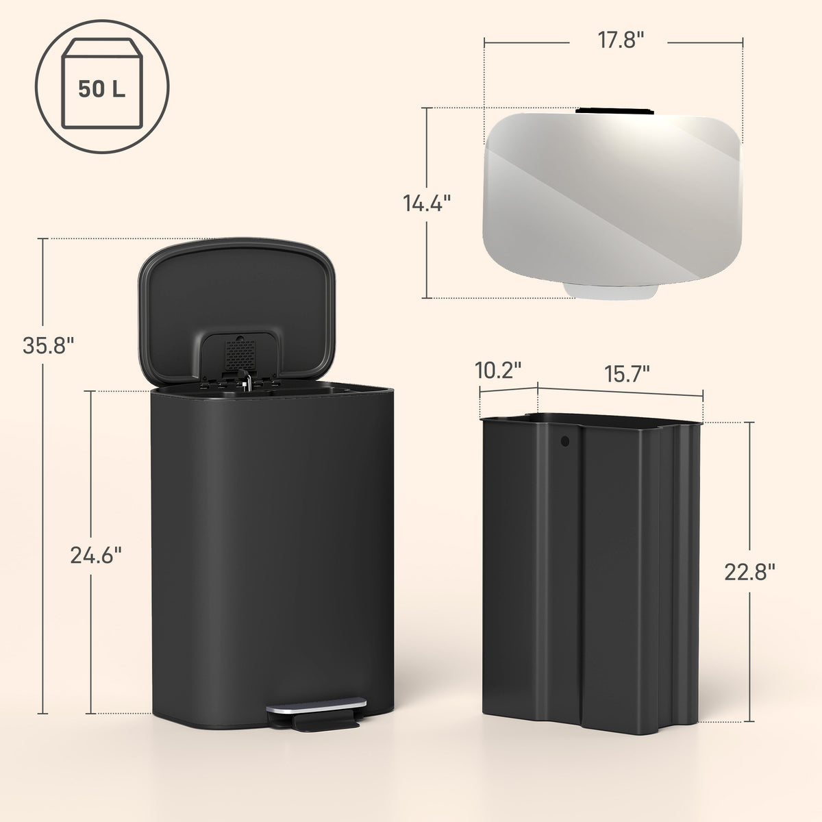 50L Kitchen Bin with Soft-Close Lid and Stay-Open Function, Stainless Steel Pedal Bin with Removable Inner Bucket, Carry Handle for Kitchen, Office, Home