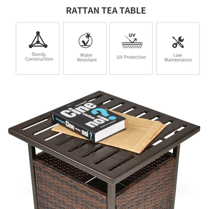 Rattan Garden Coffee Table, 55.5 cm Square Wicker Patio Side Coffee Table with 4 cm Umbrella Hole, Metal Bottom and Slatted Top for Outdoor, Balcony, Brown