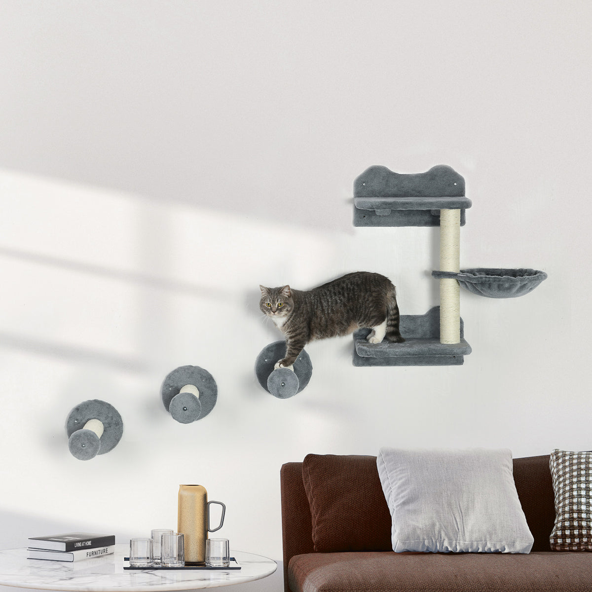 4 Piece Cat Shelf with Scratching Post, Wall-Mounted Cat Tree for Indoor Cat - Grey