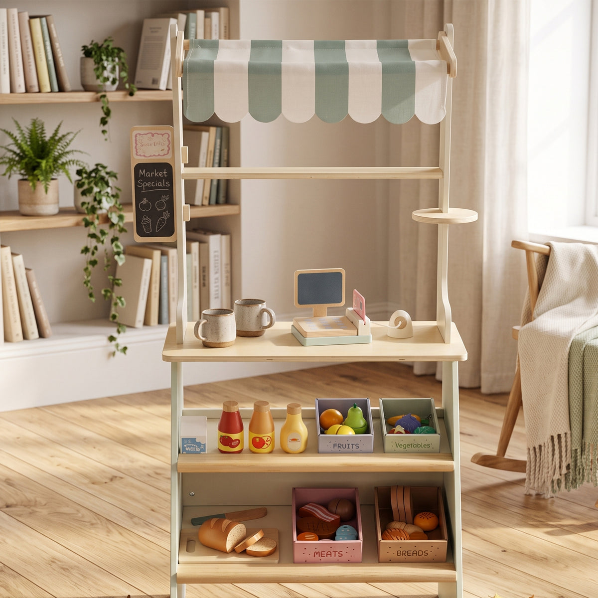 Wooden Toy Shop, Wooden Market Stall with Cash Register, Blackboard and Toy Food, 4 Storage Boxes, Ages 3+, Green