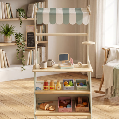 Wooden Toy Shop, Wooden Market Stall with Cash Register, Blackboard and Toy Food, 4 Storage Boxes, Ages 3+, Green