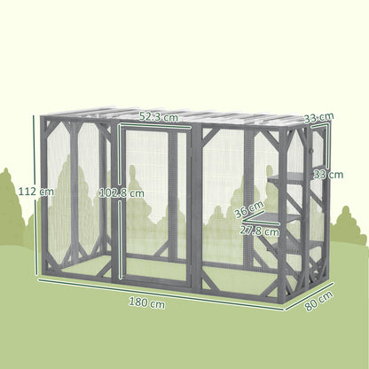 71" Outdoor Wooden Cat House with Three Platforms, Large Door, Water-Resistant Roof, for Multiple Cats, Grey