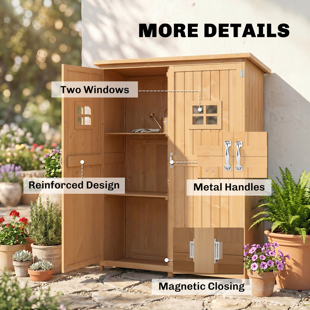 Wooden Garden Shed with Two Windows, Tool Storage Cabinet, Outdoor Double Door Organizer 127.5W x 50D x 164H cm, Natural