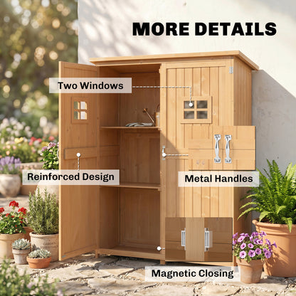 Wooden Garden Shed with Two Windows, Tool Storage Cabinet, Outdoor Double Door Organizer 127.5W x 50D x 164H cm, Natural