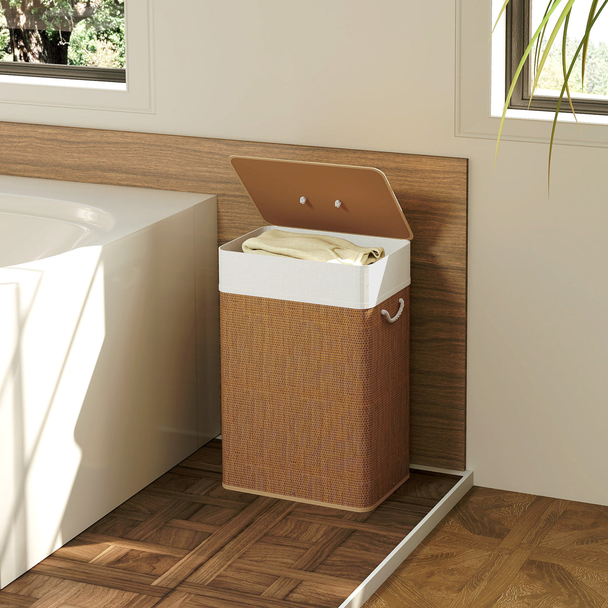 Bamboo Laundry Basket with Lid, 72L Laundry Hamper with Rope Handles, Washing Basket with Removable Washable Liner Bag for Bathroom, Bedroom