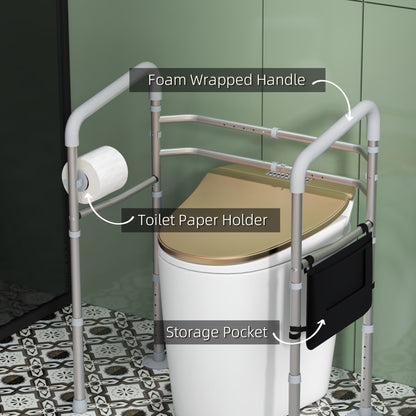 Free Standing Toilet Frame, Height and Width Adjustable Toilet Safety Frame with Arms, 2 Additional Suction Cups, Storage for Elderly, Disabled, Handrail Grab Bar, 136kg Weight Capacity