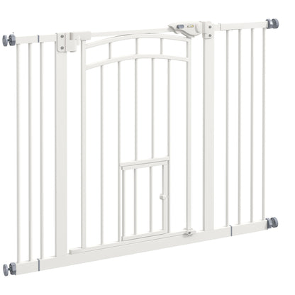 Pressure Fit Stair Dog Gate w/ Small Cat Door, Automatic Closing Door, Double Locking, for 74-100cm Openings - White