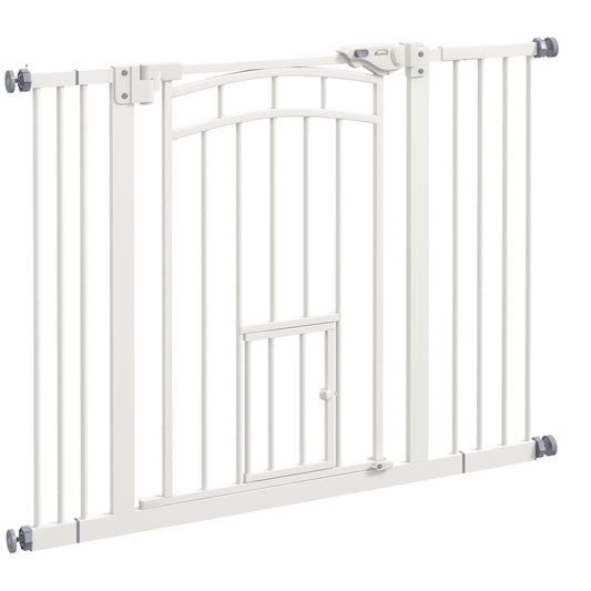 Pressure Fit Stair Dog Gate w/ Small Cat Door, Automatic Closing Door, Double Locking, for 74-100cm Openings - White