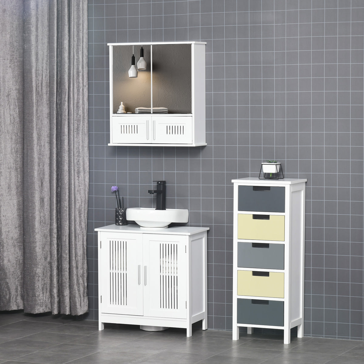 Bathroom Mirror Cabinet, Wall Mounted Storage Cupboard with Double Doors and Adjustable Shelf, Bathroom Organizer, White