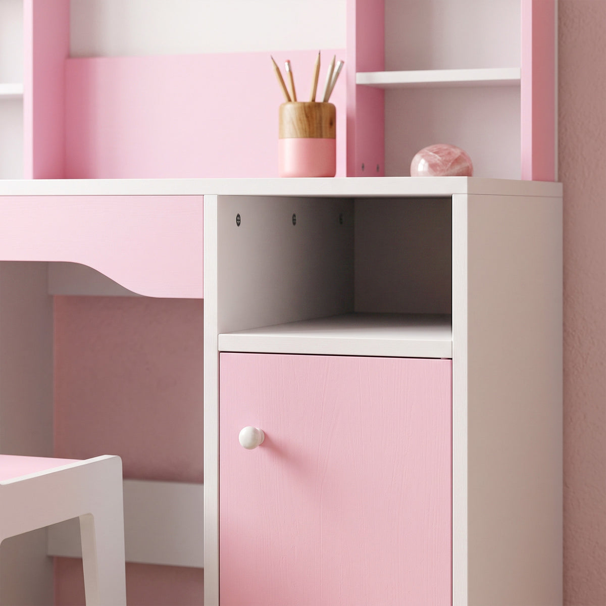 Kids Vanity Set, Kids Dressing Table with Stool, 2-Colour Lights Mirror, Cabinet, Drawer and Shelves, Pink