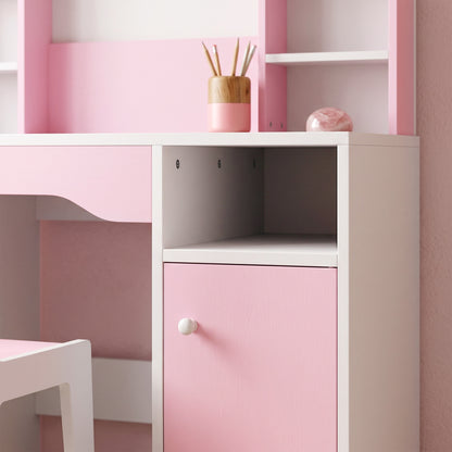 Kids Vanity Set, Kids Dressing Table with Stool, 2-Colour Lights Mirror, Cabinet, Drawer and Shelves, Pink