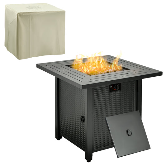 Square Propane Gas Fire Pit Table, 40000 BTU Rattan Smokeless Firepit Patio Heater with Protective Cover, Glass beads and Lid, 71cm x 71cm x 63cm, Black