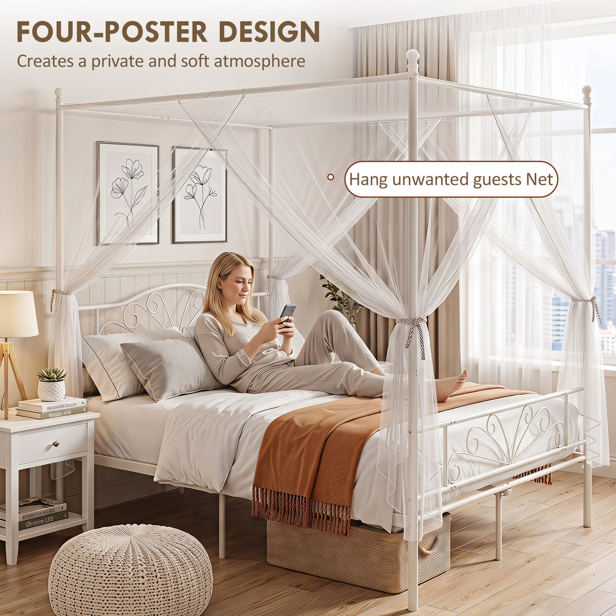 Canopy Bed Frame Double Size, Metal Platform Bed Frame with Headboard and Footboard, Underbed Storage, White