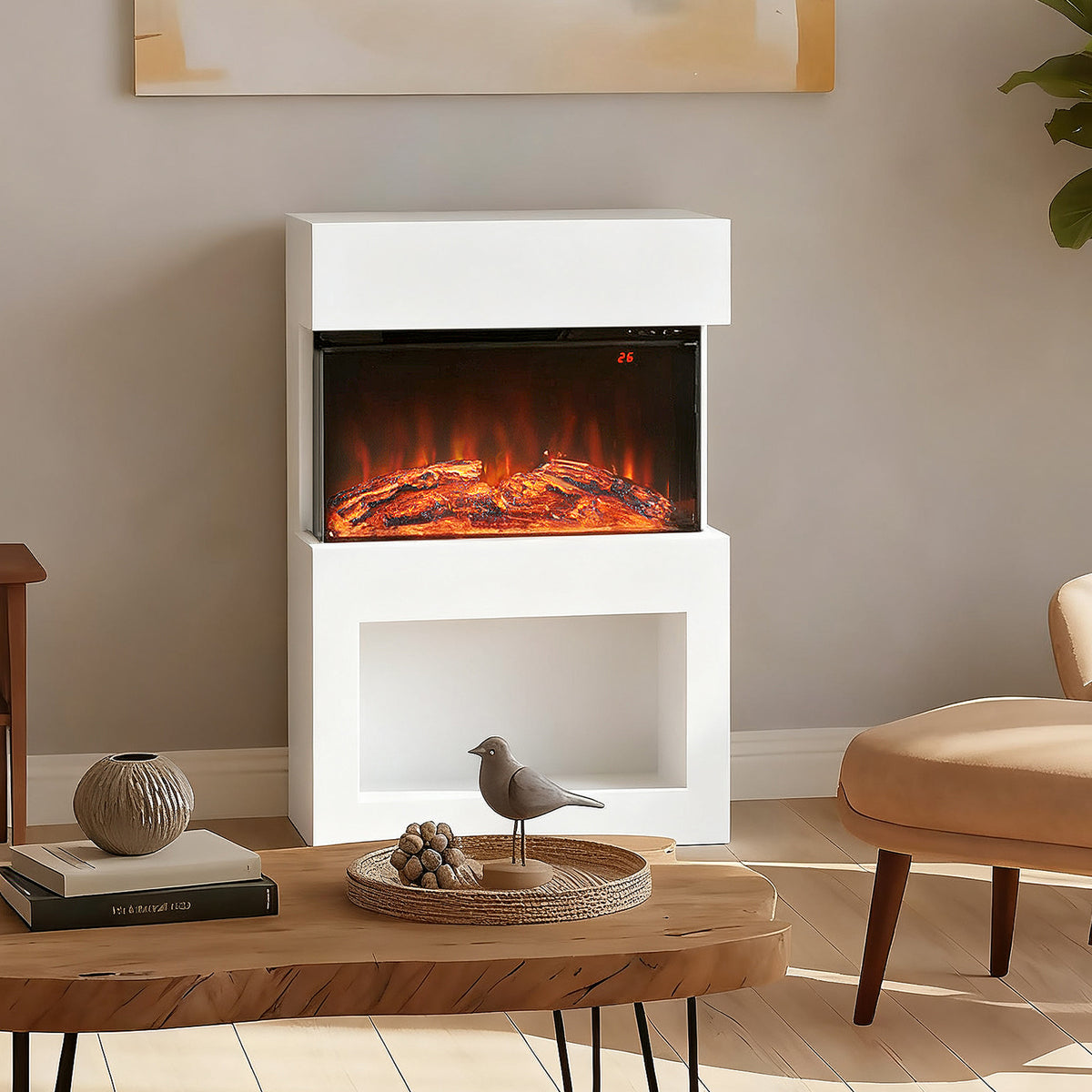 19" Electric Fireplace with Surround, 3D Flame Effect, 6 Colours & 3 Brightness Levels, 1000W/2000W White Electric Fire and Mantel Reach up to 30㎡ Space with Remote & Timer, 3 Sided View