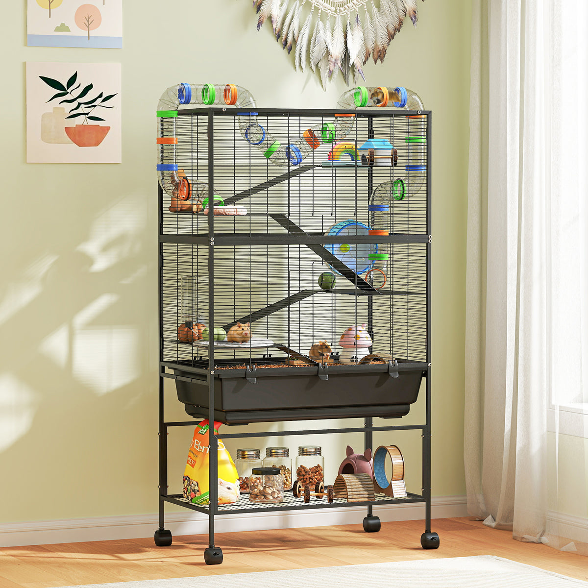 5 Tier Large Hamster Cage on Wheels with 17 cm Deep Tray, Storage Shelf for Syrian, Gerbil, Rats